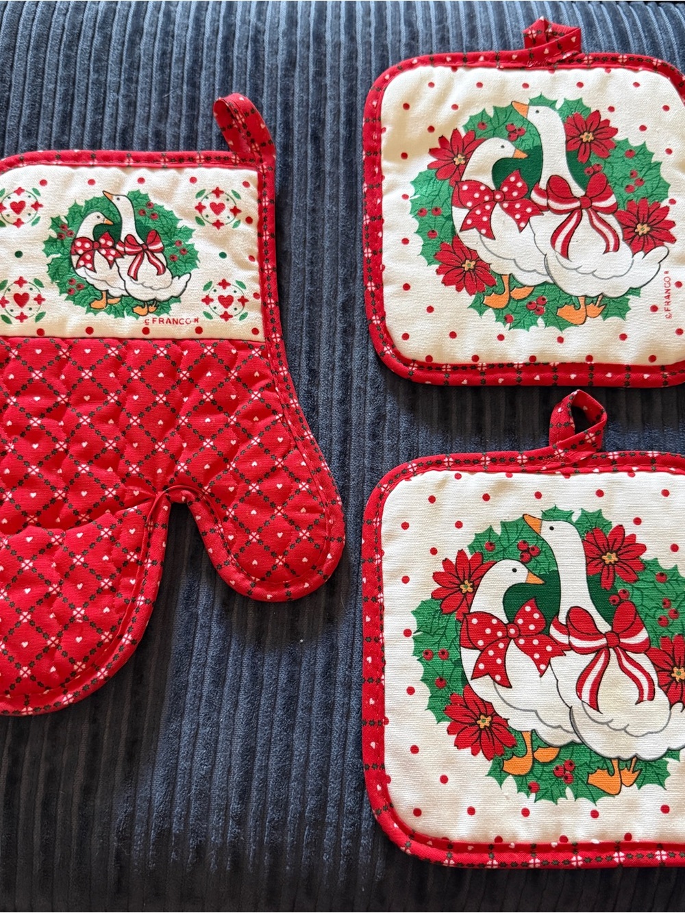 Vintage Holiday Goose Oven Mitt and Pot Holders - Red